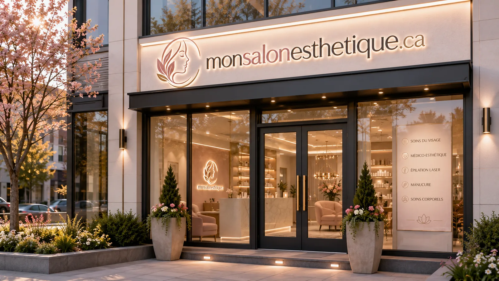 Devanture d'un salon de coiffure en soirée